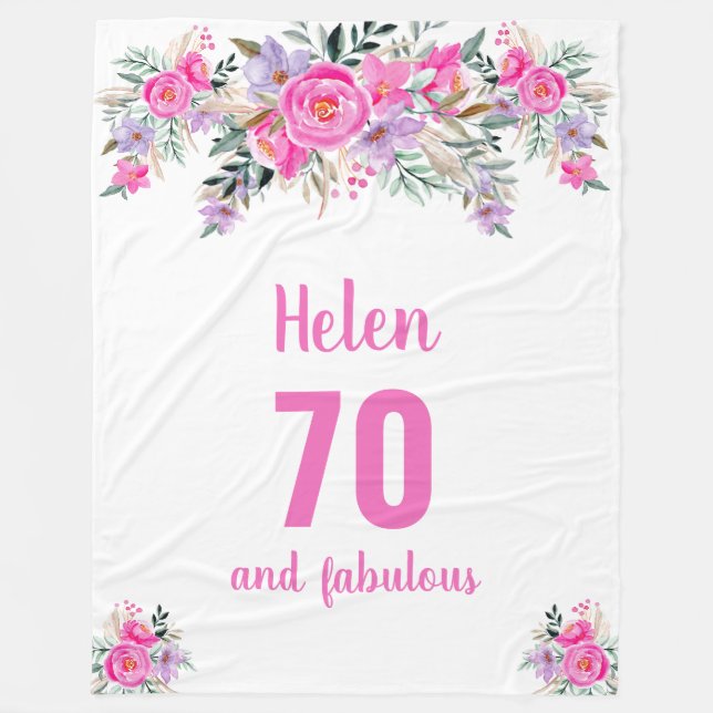 Couverture Polaire 70e anniversaire blanc fleuri rose (Devant)