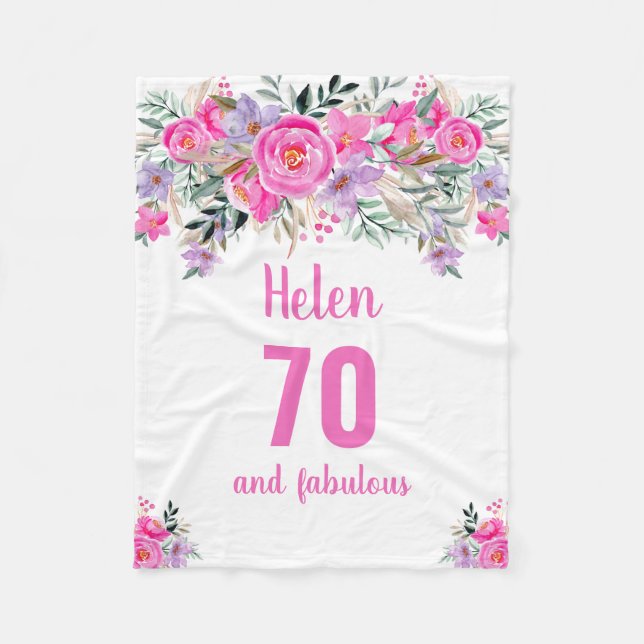 Couverture Polaire 70e anniversaire blanc fleuri rose (Devant)
