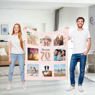 Couverture Polaire 70e anniversaire rose or blush photo collage nom