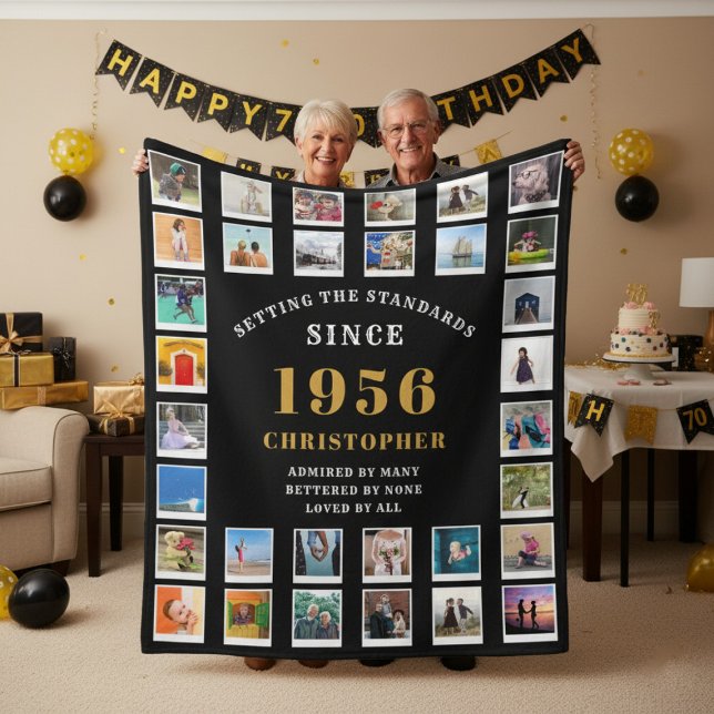 Couverture Polaire 70th Birthday Family Memories Photo Collage  (Born 1956 fleece  blanket held up by a couple.)
