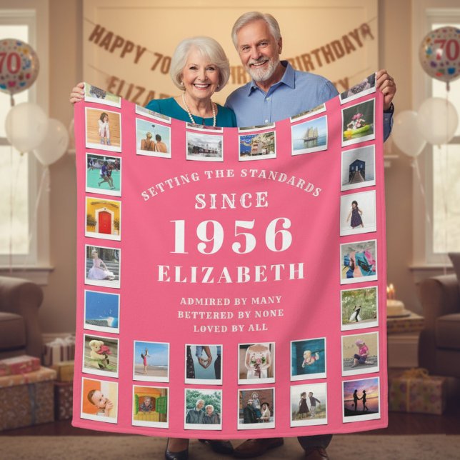 Couverture Polaire 70th Birthday Mother Family Photo collage Pink (Born 1956 pink fleece blanket held by a couple.)