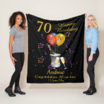 Couverture Polaire 70th Birthday Sparkling Wine Celebration Black<br><div class="desc">A stylish 70th Happy birthday age blanket. Features a sparkling wine bucket glasses and balloons and confetti all on a black background with gold colored text. Perfect as a gift to celebrate a 70th birthday, something that they can cherish and snuggle up with, Can be customize by amending the titles...</div>
