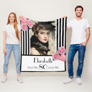 Couverture Polaire 80e anniversaire noir blanc rayures rose photo