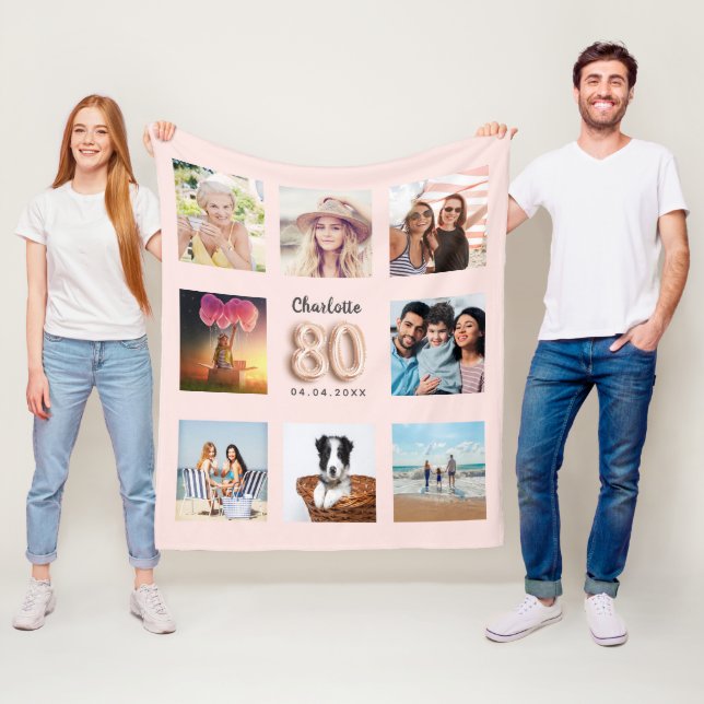 Couverture Polaire 80e anniversaire rose or rose photo nom collage (En situation)