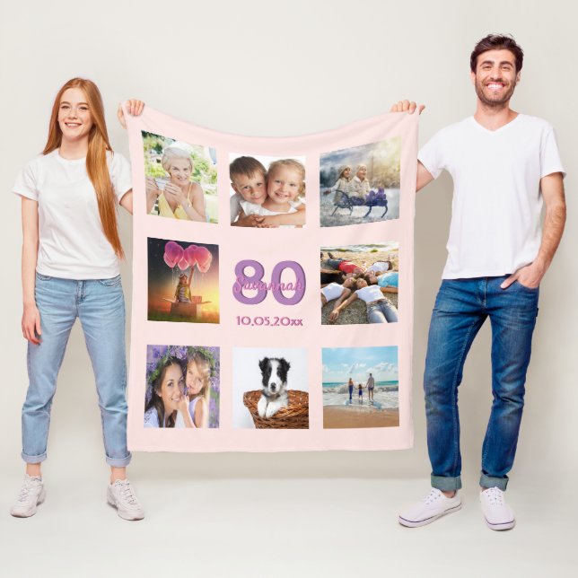 Couverture Polaire 80e anniversaire sur mesure photo collage rose or  (En situation)