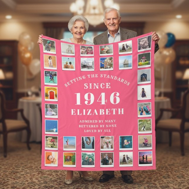 Couverture Polaire 80th Birthday Mother Family Photo collage Pink (Born 1946 pink fleece blanket with photos held by a an elderly couple)