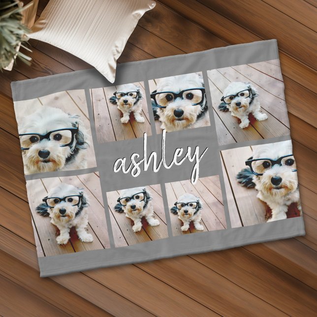 Couverture Polaire 8 Photo Collage Ajouter Votre Nom Calligraphie Gri (Custom Fleece Blanket - Add Photos and Text)