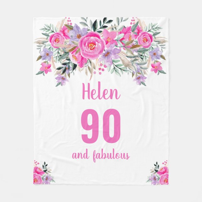 Couverture Polaire 90e anniversaire blanc fleuri rose (Devant)