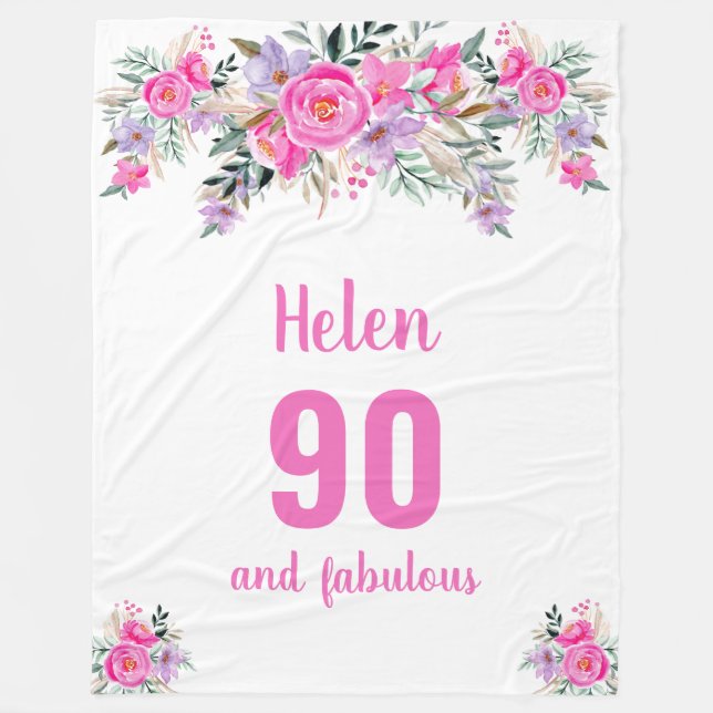 Couverture Polaire 90e anniversaire blanc fleuri rose (Devant)