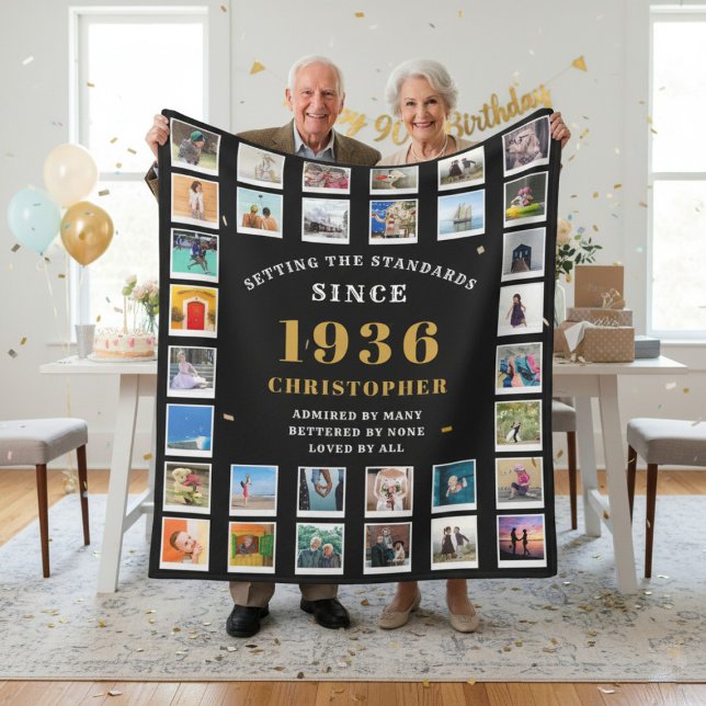 Couverture Polaire 90th Birthday Family Memories Photo Collage  (Born 1936 fleece blanket held by a couple.)