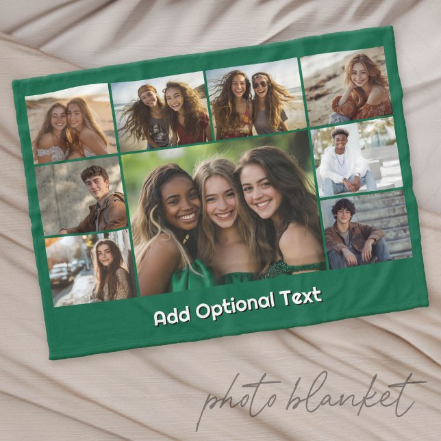 Couverture Polaire 9 Collage de photos -- Texte facultatif -- Vert Bl (Custom Photo Blanket with Lots of Photos)