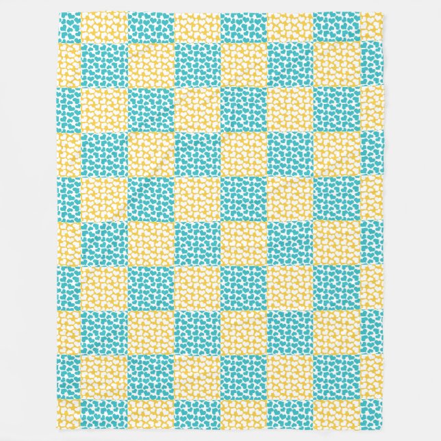 Couverture Polaire à damiers Amour en Turquoise, Jaune et Blanc (Devant)