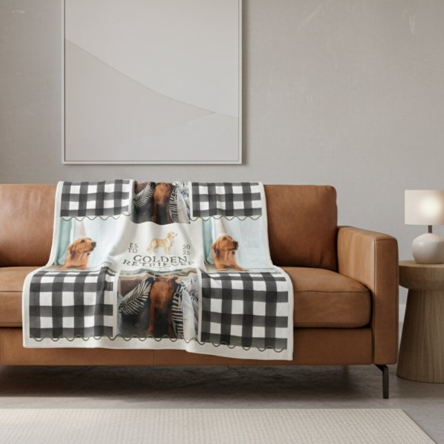 Couverture Polaire à damiers En vichy Golden Retriever Pet Four Photo (Cozy up with this Checkered Gingham Golden Retriever Pet Four Photo Blanket!)