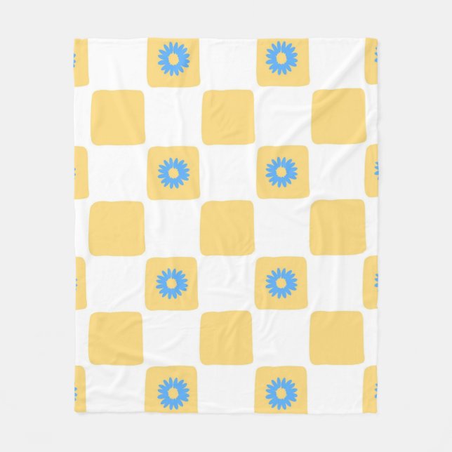 Couverture Polaire À damiers Jaune Blanc Avec Motif Fleur Bleu (Devant)