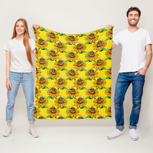 Couverture Polaire Abeille sur motif de fleur de tournesol jaune