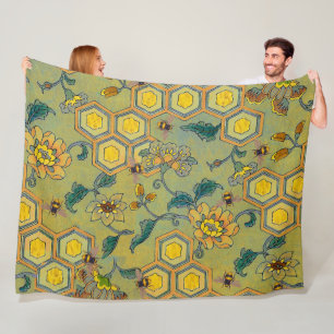 Couverture Polaire ABEILLES À MIEL,RUCHES,FLEURS DE PRINTEMPS ,Vert J