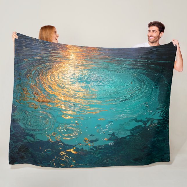 Couverture Polaire Abstract Aqua Waves with Golden Sunlight (En situation)