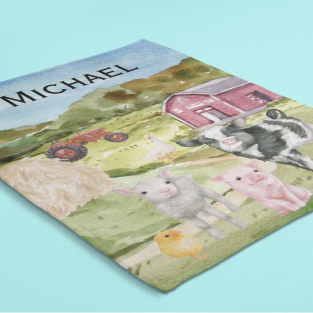 Couverture Polaire Adorable Animaux de ferme Aquarelle Grange Monogra (Créateur téléchargé)