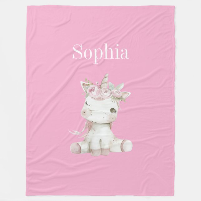 Couverture Polaire Adorable licorne florale blanche rose (Devant)