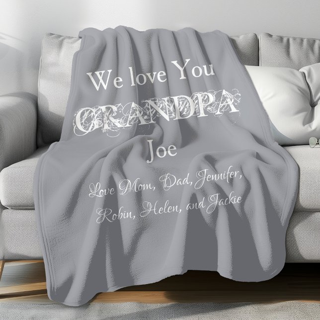 Couverture Polaire Aimez-vous Grand-père Simple Script Enfants Nom Cu ("We Love You GRANDPA" personalized, simple, comfy, light grey fleece blanket. )