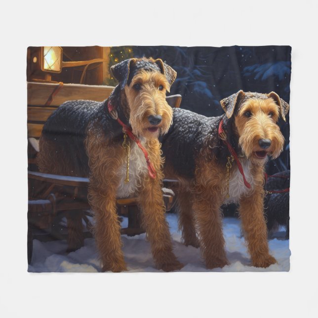 Couverture Polaire Airedale Snowy Sleigh Ride Décor de Noël (Devant (Horizontal))