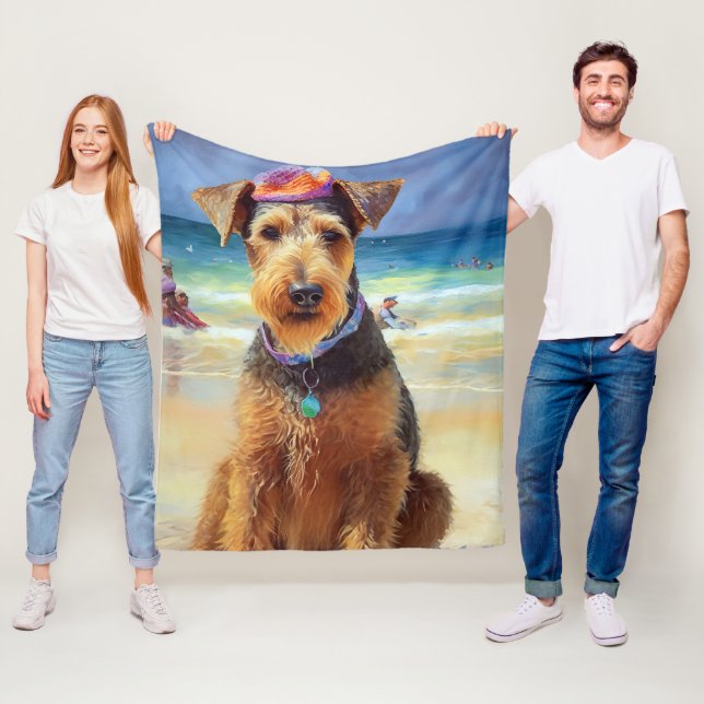 Couverture Polaire Airedale sur la plage, cadeau d'été pour les amour (En situation)