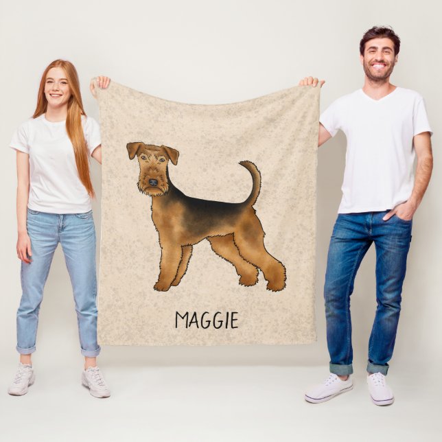 Couverture Polaire Airedale Terrier Cute Dessin Chien Et Nom Beige (En situation)