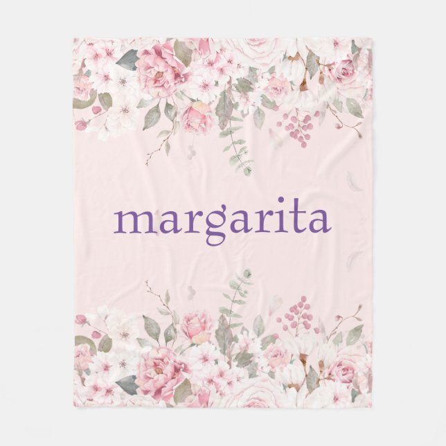 Couverture Polaire Ajouter le nom Boho Rose Green Flores blancs (Devant)