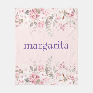 Couverture Polaire Ajouter le nom Boho Rose Green Flores blancs