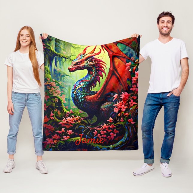 Couverture Polaire Ajouter Nom, Dragon Fleur Avec Ailes Rouges (En situation)