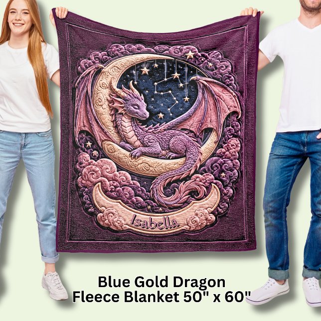 Couverture Polaire Ajouter Nom Dragon Rose Dormant sur la Lune (Créateur téléchargé)