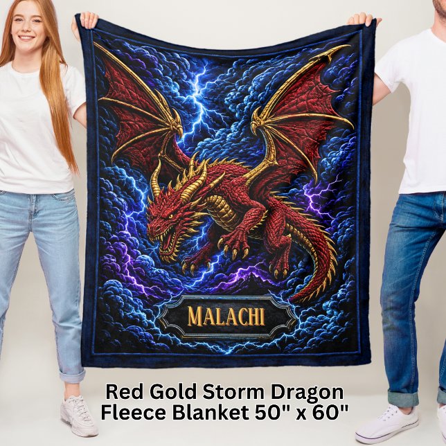 Couverture Polaire Ajouter Nom Red & Gold Storm Dragon avec Foudre (Créateur téléchargé)