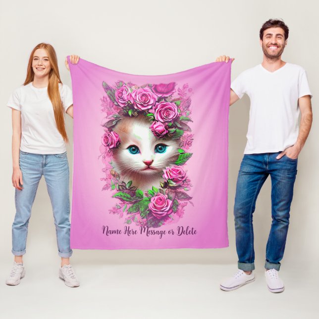 Couverture Polaire Ajouter un nom Texte, mignon Chic Kitten, Roses ro (En situation)