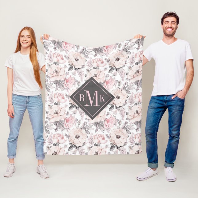 Couverture Polaire Ajoutez votre motifs roses du monogramme | et gris (En situation)