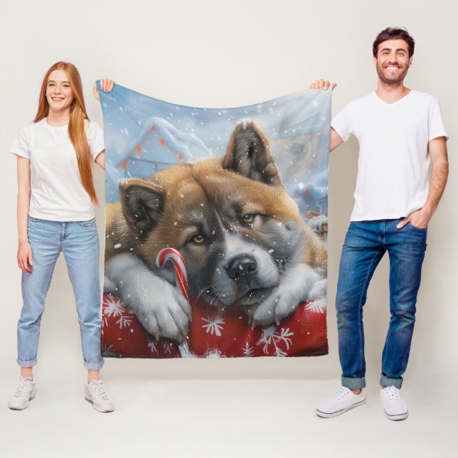 Couverture Polaire Akita Chien Festive de Noël (En situation)