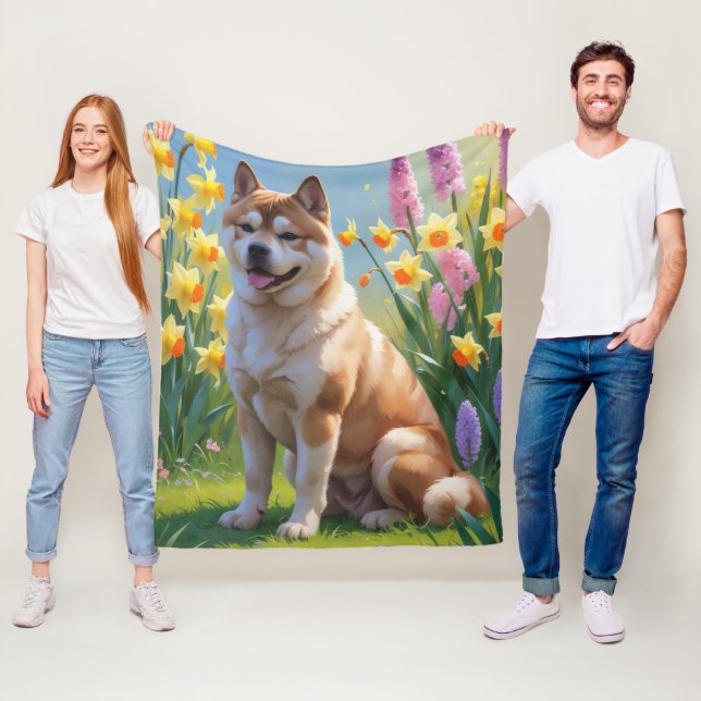 Couverture Polaire Akita Dog Fleurs de printemps Peinture (En situation)