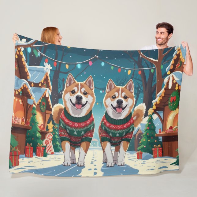 Couverture Polaire Akita Dogs Christmas Snow Holiday (En situation)