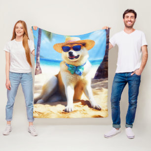 Couverture Polaire Akita sur la plage, cadeau d'été pour les amoureux