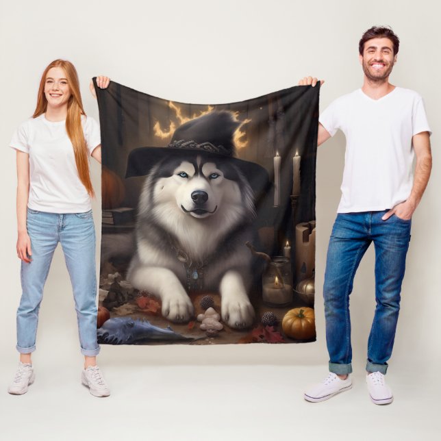 Couverture Polaire Alaskan Malamute Citrouilles Halloween effrayant (En situation)