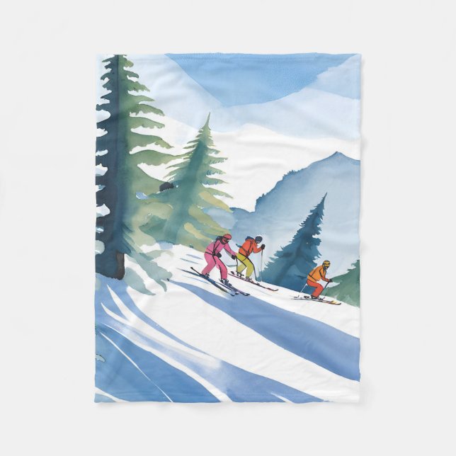 Couverture Polaire Allons Ski | Peinture Aquarelle d'Hiver (Devant)