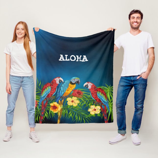 Couverture Polaire Aloha oiseaux perroquets palmiers bleus fleurs feu (En situation)