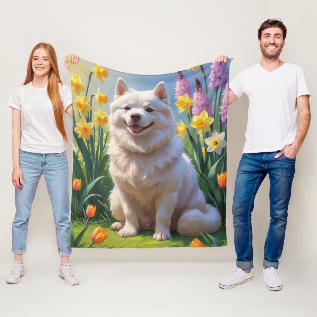 Couverture Polaire American Eskimo Chien Fleurs de printemps Peinture (En situation)