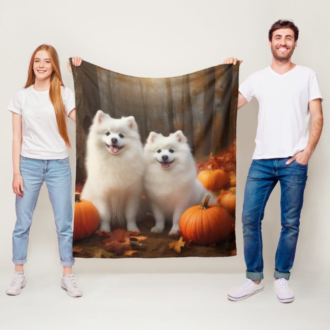 Couverture Polaire American Eskimo Chiot Automne Citrouille délice (En situation)