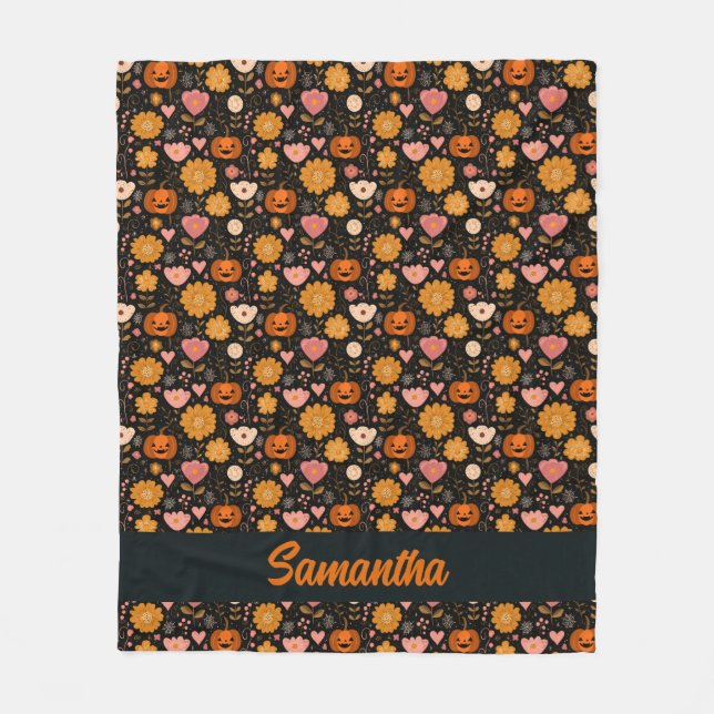 Couverture Polaire Amour citrouille avec Coeurs et Fleurs (Devant)