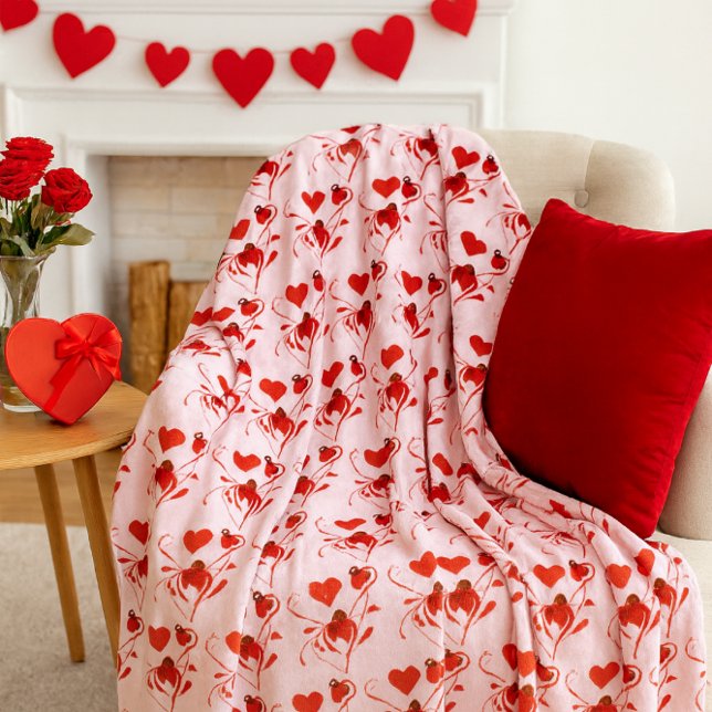 Couverture Polaire Amour Cœurs Rouges et Coccinelles Rose  ( A cozy fleece blanket featuring romantic red hearts, perfect for Valentine's Day.)