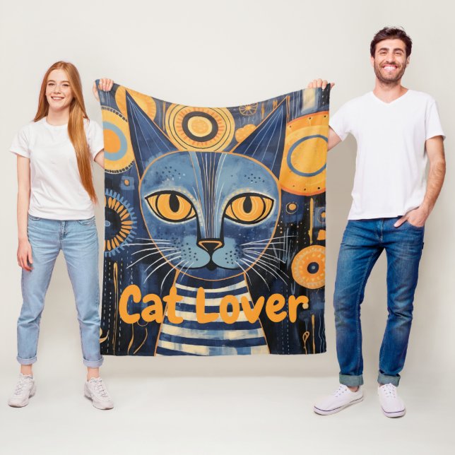 Couverture Polaire Amoureux des chats Melancholic Boho bleu jaune (En situation)