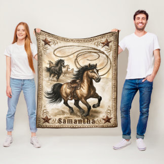 Couverture Polaire Amoureux des chevaux Lasso occidental rustique éto