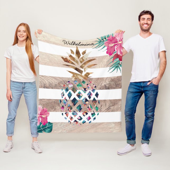 Couverture Polaire Ananas floral rayé or (En situation)