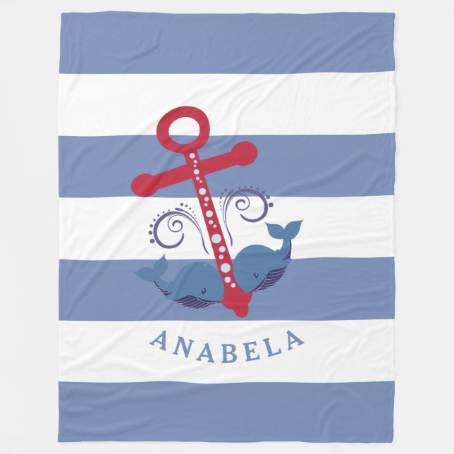 Couverture Polaire Ancrage nautique avec baleines rayures blanches (Devant)
