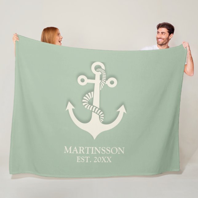 Couverture Polaire Ancre Blanche Turquoise Aqua Nom Date Nautique   (En situation)